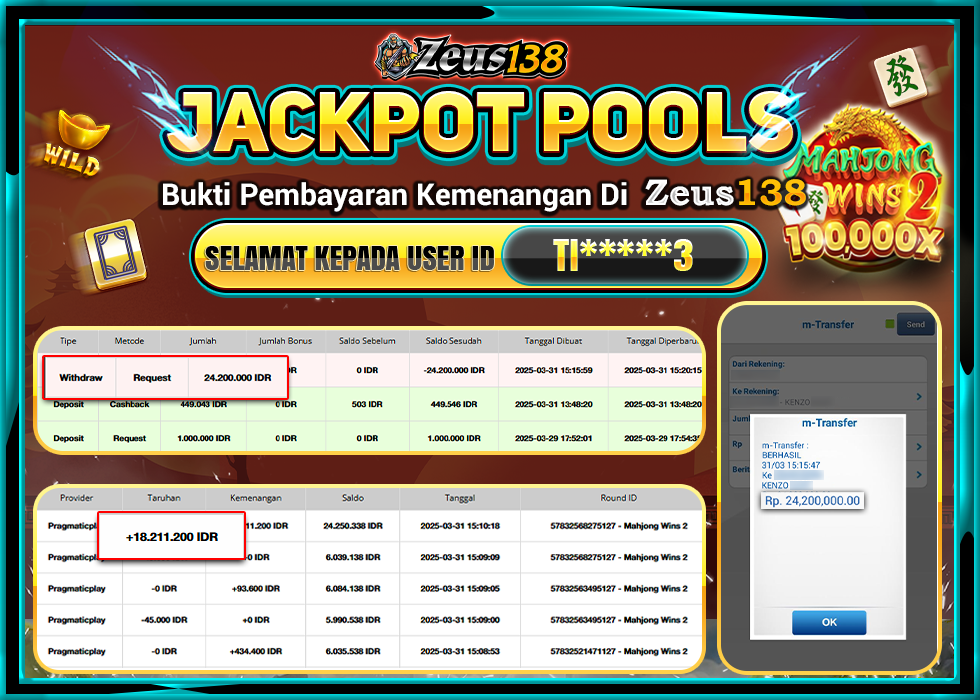 ZEUS138 MAHJONG WINS 2 Rp.24.200.000,- 